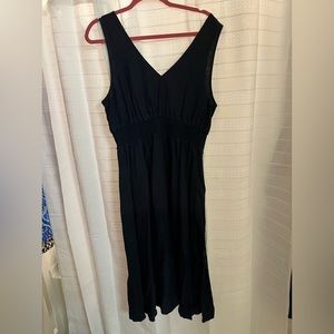 Nicole Miller Midi Dress A Line Linen Pockets Pleated Navy Blue size 14